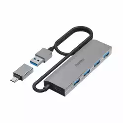 HAMA 4-портов хъб, USB 3.2 Gen 1, 5 Gbit/s, USB-C адаптер, авт. захранване                          