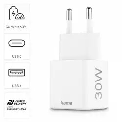 HAMA Бързо мини Gan зарядно, 30 W, 1x USB-C, 1x USB-A, PD, бял