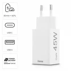 HAMA Бързо мини зарядно, 45 W, 1x USB-C - 1x USB-A, PD, бяло