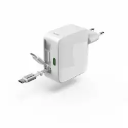 HAMA Бързо зарядно, 30 W, GaN, 2x USB-C, с разтегателен кабел 0.7м, бял