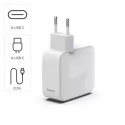 HAMA Бързо зарядно, 30 W, GaN, 2x USB-C, с разтегателен кабел 0.7м, бял