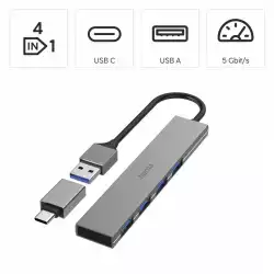 HAMA USB хъб, 4 порта, USB 3.2 Gen 1, 5 Gbit/s, ултратънък, вкл. USB-C адаптер