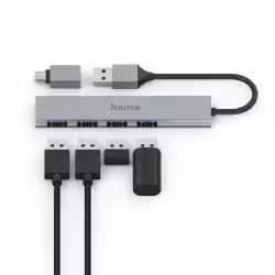 HAMA USB хъб, 4 порта, USB 3.2 Gen 1, 5 Gbit/s, ултратънък, вкл. USB-C адаптер