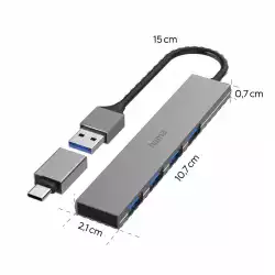 HAMA USB хъб, 4 порта, USB 3.2 Gen 1, 5 Gbit/s, ултратънък, вкл. USB-C адаптер