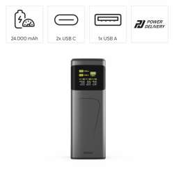 HAMA Външна батерия „High Power“, 200 W, 24000 mAh, 2x USB-C, USB-A, бързо зареждане