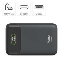 HAMA Външна батерия "PD10-W20", 10000 mAh, 3 изхода: 2 x USB-C, USB-A, Бързо зареждане