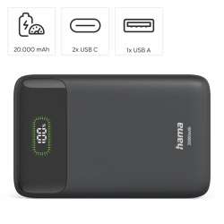 HAMA Външна батерия "PD20-W20", 20000 mAh, 3 изхода: 2 x USB-C, USB-A, Бързо зареждане