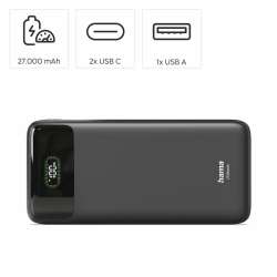 HAMA Външна батерия "PD27-W65", 27000 mAh, Изходи: 2xUSB-C, USB-A, Бързо зареждане