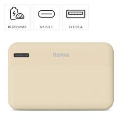 HAMA Външна батерия "Pocket 10", 10000 mAh, Изходи: 2x USB-A, бежов