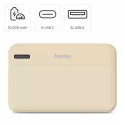 HAMA Външна батерия "Pocket 10", 10000 mAh, Изходи: 2x USB-A, бежов                          