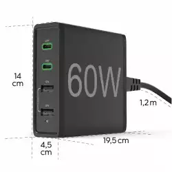 HAMA Зарядна станция 4 порта, 60W, 2 x USB-C, 2 x USB-A, PD, Fast Charge