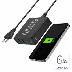 HAMA Зарядна станция 4 порта, 60W, 2 x USB-C, 2 x USB-A, PD, Fast Charge