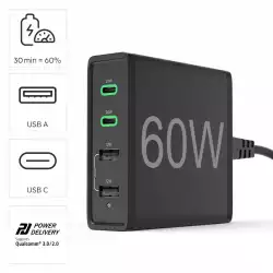 HAMA Зарядна станция 4 порта, 60W, 2 x USB-C, 2 x USB-A, PD, Fast Charge