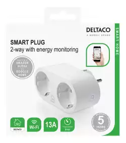 Смарт контакт DELTACO SH-P02E, 2 гнезда, Google Assistant, Alexa