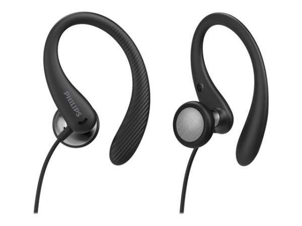 PHILIPS InEar Earhook Headphones Black 15mm speaker driver optimizes wearing comfort