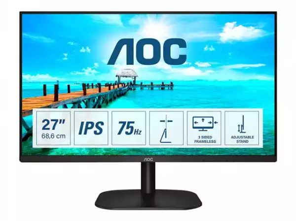 Монитор AOC 27B2DA 27inch IPS FHD 1920x1080 16:9 250nits 75Hz 1000:1 4ms HDMI1.4 VGA DVI Headphone out Black Cable included