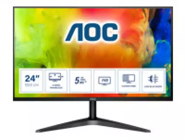 Монитор AOC LED 24B1H MVA (23.6“, 16:9, 1920x1080, MVA, 250 cd/m², 3000:1, 20M:1, 5 ms, 178/178°, VGA, HDMI, 3H, Audio-Out, Tilt: -3.5/+21.5°, Borderless) Black, 3y