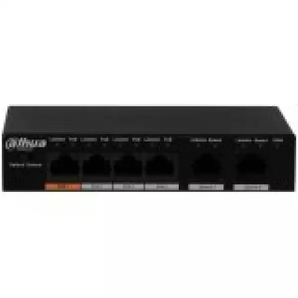 4-Port PoE Switch 10/100 Mbps (Unmanaged), 2 Uplink port, Port1≤60W, Port2-4≤30W, Total≤60W, transmission distance of power and data up to 250m.
