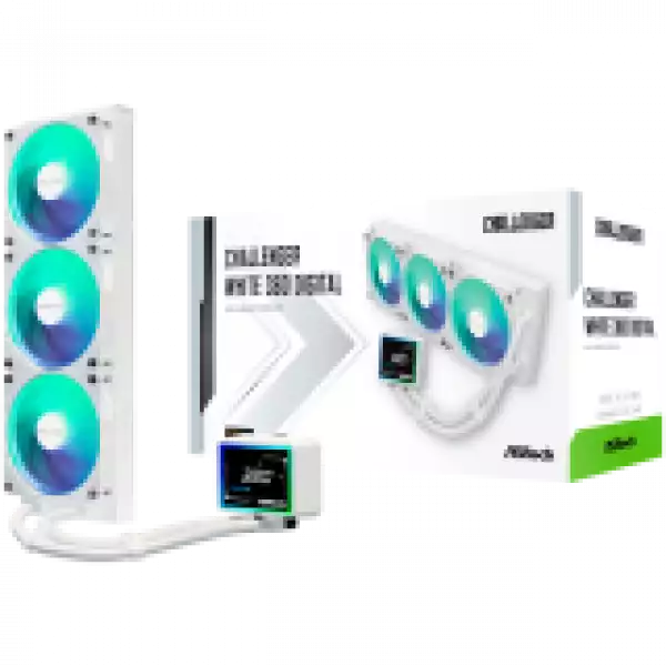Asrock Challenger White 360 Digital, AiO liquid cooler, ARGB, Digital display, 360 mm radiator, AM5, AM4, LGA1851, LGA1700, 90-ACLA36-WAAGA6, White, 6Y Asrock Challenger White 360 Digital, AiO liquid cooler, ARGB, Digital display, 360 mm radiator, AM5, AM4, LGA1851, LGA1700, 90-ACLA36-WAAGA6, White, 6Y