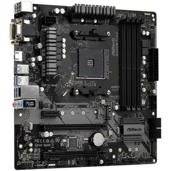ASROCK Main Board Desktop B450M PRO4 (AM4 B450, 4xDDR4,PCIe 3.0 x16,PCIe 2.0 x1, M.2, 4 SATA3, Type -C, 7 USB,VGA, DVI, HDMI) mATX