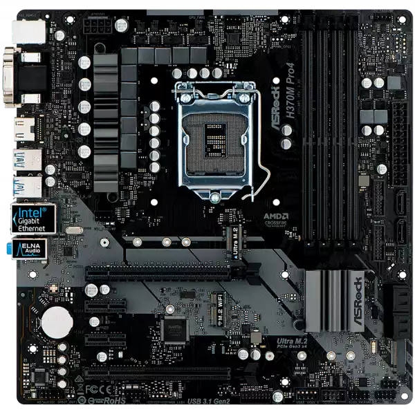 ASROCK Main Board Desktop H370 (S1151, 4xDDR4,2xPCIe x16,2xPCI Ex1, 6 SATA3 ,1x Ultra M.2, GLAN,VGA,DVI,HDMI,USB 3.1 ) mATX retail