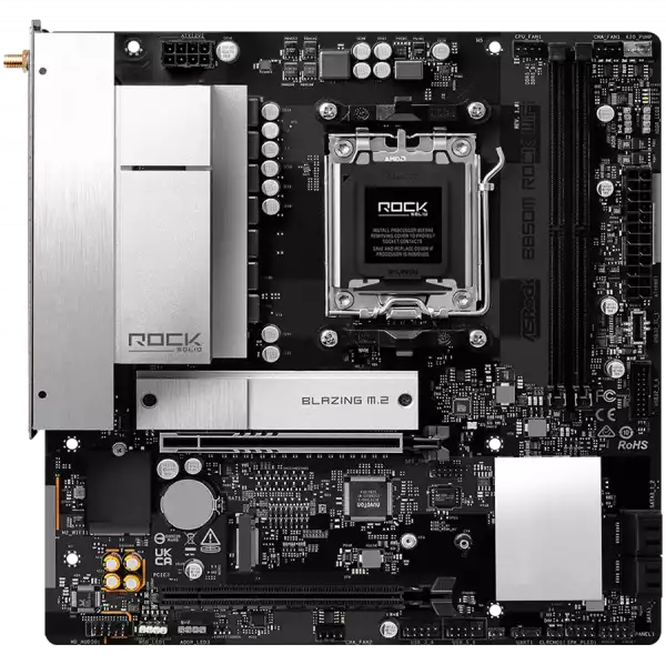 ASROCK MB B850M Rock WiFi 7, AM5, 2x DDR5, 1x PCIe 5.0 x16, 1x PCIe 3.0x16, 1x Blazing M.2, 1x Hyper M.2, 4x SATA3, RAID 0, 1, 10, 7.1 CH HD Audio, 1x HDMI, 6x USB 3.2, 5x USB 2.0, 1x USB-C, 2.5G LAN, 2x Wi-Fi 6E, BT, 1x HDMI, 1x DP, mATX