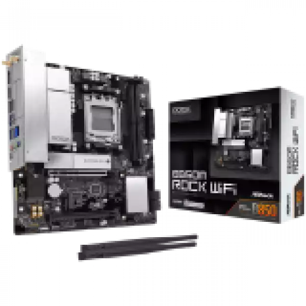 ASROCK MB B850M Rock WiFi 7, AM5, 2x DDR5, 1x PCIe 5.0 x16, 1x PCIe 3.0x16, 1x Blazing M.2, 1x Hyper M.2, 4x SATA3, RAID 0, 1, 10, 7.1 CH HD Audio, 1x HDMI, 6x USB 3.2, 5x USB 2.0, 1x USB-C, 2.5G LAN, 2x Wi-Fi 6E, BT, 1x HDMI, 1x DP, mATX