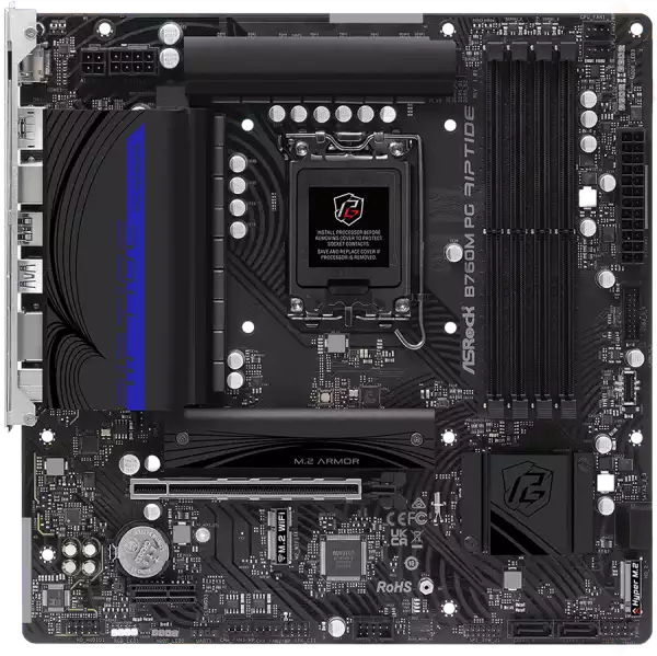 ASROCK MB Desktop B760M PG RIPTIDE (S1700, 4x DDR5, 1x PCIe 4.0 x16, 1x PCIe 4.0 x1, 1x M.2 Key E for Wi-Fi, 1x M.2 Hyper Gen4x4, 4x SATA3, 2x USB-C, 5x USB 3.2, 6x USB 2.0, 1xRJ-45 2.5 Gbit, 1x HDMI, 1x DP, mATX