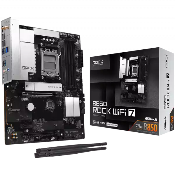 ASROCK MB Desktop B850 Rock WiFi 7, AM5, 4x DDR5, 1x PCIe 5.0 x16, 1x PCIe 4.0 x16, 1x Blazing M.2, 1x Hyper M.2, 4x SATA3, RAID 0, 1, 10, 7.1 CH HD Audio, 1x HDMI, 8x USB 3.2, 8x USB 2.0, 2x USB-C, 2.5G LAN, 2x Wi-Fi 7, BT, 1x HDMI, 1x SPDIF, ATX
