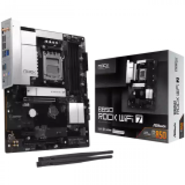 ASROCK MB Desktop B850 Rock WiFi 7, AM5, 4x DDR5, 1x PCIe 5.0 x16, 1x PCIe 4.0 x16, 1x Blazing M.2, 1x Hyper M.2, 4x SATA3, RAID 0, 1, 10, 7.1 CH HD Audio, 1x HDMI, 8x USB 3.2, 8x USB 2.0, 2x USB-C, 2.5G LAN, 2x Wi-Fi 7, BT, 1x HDMI, 1x SPDIF, ATX