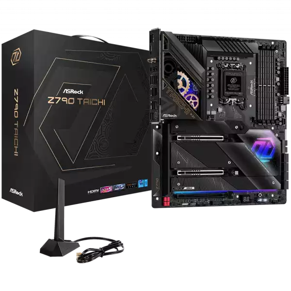 ASROCK MB Desktop Z790 Taichi, S1700, 4x DDR5, 2x PCIe 5.0 x16, 1x PCIe 4.0 x16, 4x Hyper M.2, 1x Blazing M.2, 1x Hyper M.2, 8x SATA3, 3x USB-C, 12x USB 3.2, 6x USB 2.0, 1x RJ-45 2.5GB Lan, 802.11ax Wi-Fi 6E + BT 5.3, 1x HDMI, 1x SPDIF, ATX