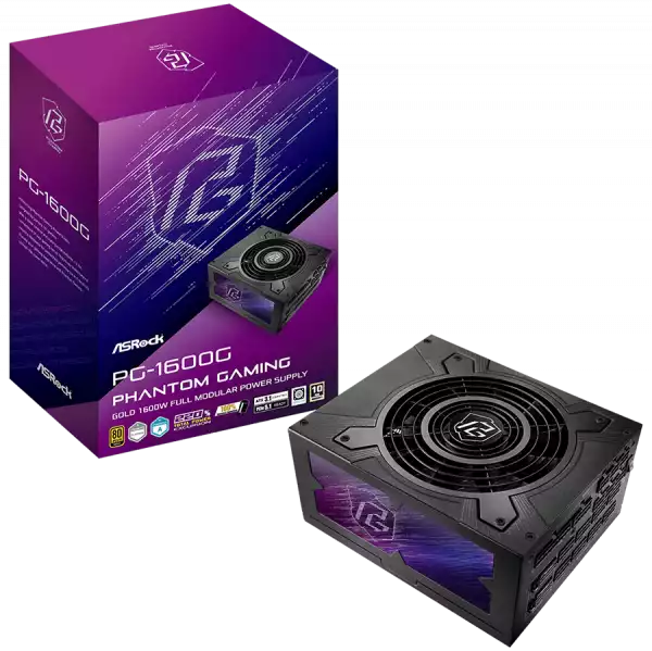 Asrock PG-1600G, 1600W, 80 Plus Gold, Fully Modular PSU, Japanese Capacitors, 2x EPS 12V CPU(4+4pin), 2x PCIe5.1 (12+4pin), 8x PCIe (6+2pin), 6x 4-pin connectors, 12x SATA, OCP, SCP, OVP, UVP, OTP, OPP protections, 135 mm Axial Fan, ATX 3.1