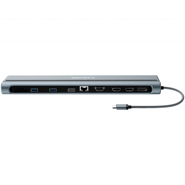 CANYON DS-90, 14 in 1 hub, with Type C female *2,Type C male *1:max 10Gbps,USBA*3:max 10Gbps,DP*1，VGA*1,SD card slot*1,TF card slot*1,Audio 3.5 audio*1,HDMI*2,RJ45*1,cable length 0.20m,Aluminum alloy housing,76*22.5*301mm,Dark grey