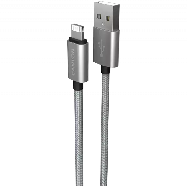 CANYON Charge & Sync MFI braided cable with metalic shell, USB to lightning, certified by Apple, 1m, 0.28mm, Dark gray