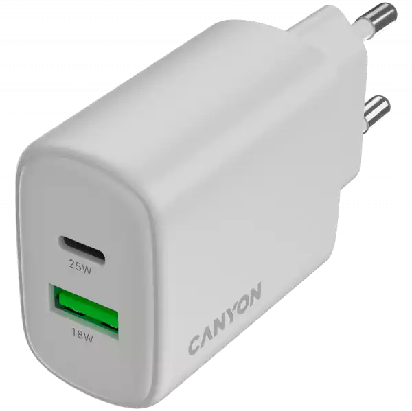 CANYON charger OnCharge 250 25W 1xPD 1xQC EU White CANYON charger OnCharge 250 25W 1xPD 1xQC EU White