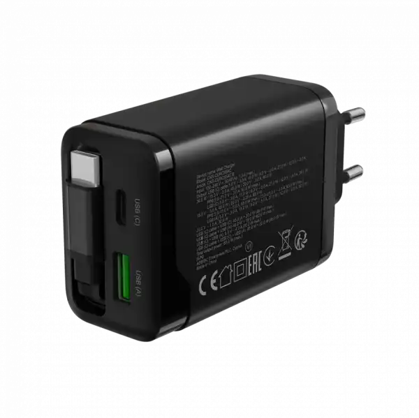 CANYON charger OnCharge 65RC Build-In Cable USB-C 65W 1xPD 1xQC EU Black