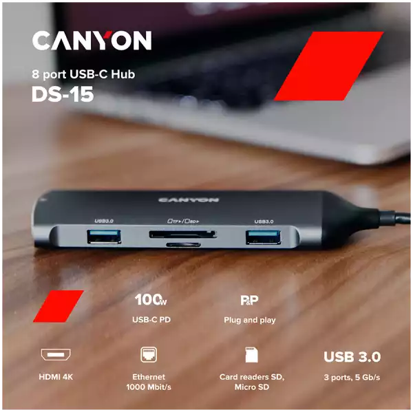 CANYON hub DS-15 8in1 4k USB-C Dark Grey CANYON hub DS-15 8in1 4k USB-C Dark Grey
