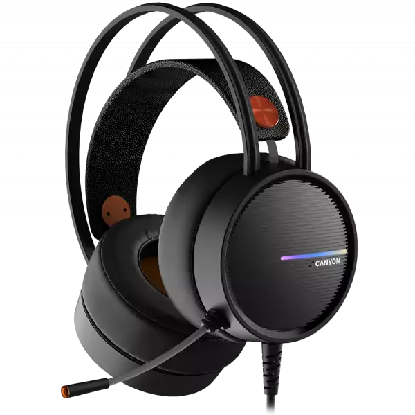 CANYON INTERCEPTOR GH-8A, Gaming headset 3.5mm jack plus USB connector for LED backlight, adjustable microphone and volume control, with 2in1 3.5mm adapter, cable 2M, Black and Orange, 0.36kg
