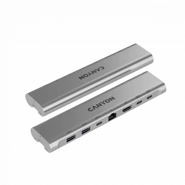 Canyon Laptop stands with hub, TYPE C F to HDMI2.0+2USB3.0+USBC3.0+RJ45+PD, TYEP C TO C cable 1m white with Emarker: HUSB332A, Material: Aluminum case+ABS+PS, Size: 245x240x27.2+/-0.3mm, Weight:1304g