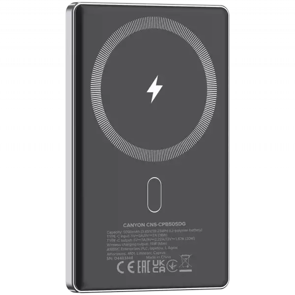 CANYON power bank OnPower 505 slim Magnetic 5000 mAh PD20W Dark Grey