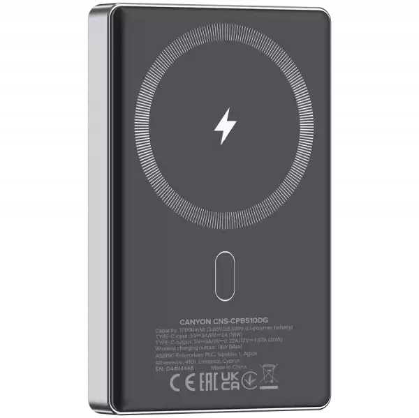 CANYON power bank OnPower 510 slim Magnetic 10000 mAh PD20W Dark Grey