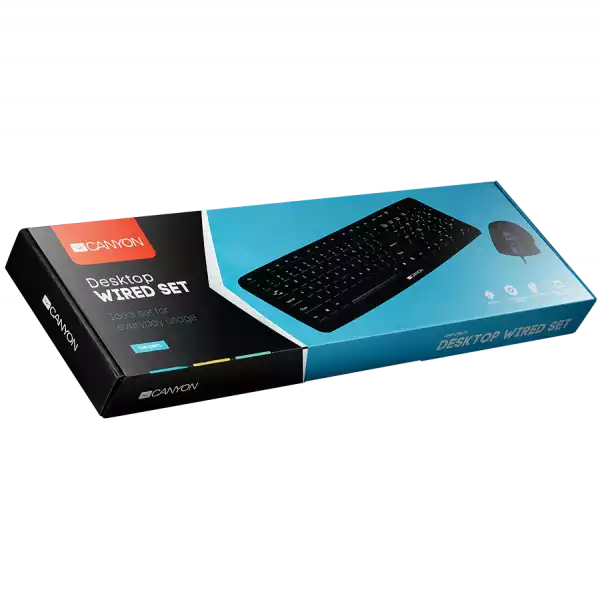 CANYON USB standard KB, water resistant BG layout bundle with optical 3D wired mice 1000DPI black