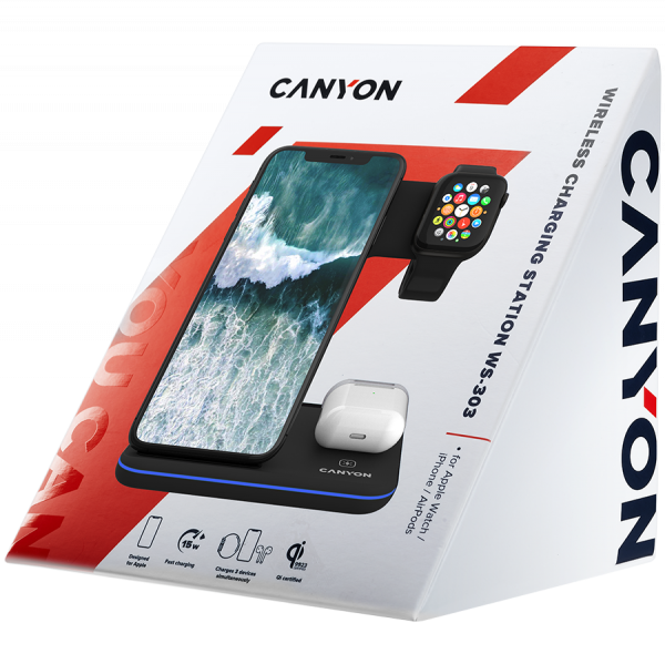 CANYON WS-303 3in1 Wireless charger, with touch button for Running water light, Input 9V/2A, 12V/2A, Output 15W/10W/7.5W/5W, Type c to USB-A cable length 1.2m, 137*103*140mm, 0.195Kg, Black