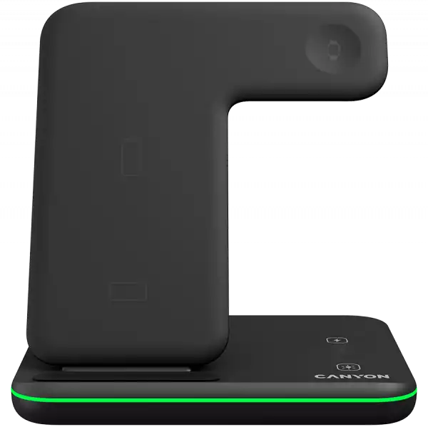 CANYON WS-303 3in1 Wireless charger, with touch button for Running water light, Input 9V/2A, 12V/2A, Output 15W/10W/7.5W/5W, Type c to USB-A cable length 1.2m, 137*103*140mm, 0.195Kg, Black