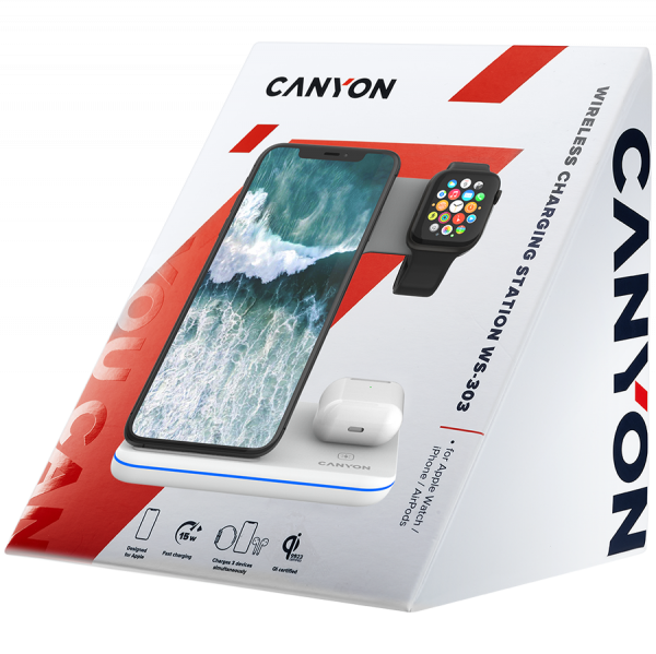 CANYON WS-303 3in1 Wireless charger, with touch button for Running water light, Input 9V/2A, 12V/2A, Output 15W/10W/7.5W/5W, Type c to USB-A cable length 1.2m, 137*103*140mm, 0.22Kg, White