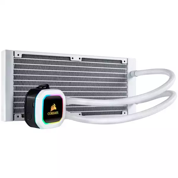 Corsair Hydro Series H100i RGB PLATINUM SE 240mm Liquid CPU Cooler, an all-in-one liquid CPU cooler with a 240mm radiator and vivid RGB lighting in brilliant white housing, built for extreme CPU cooling, dual LL120 RGB PWM fans