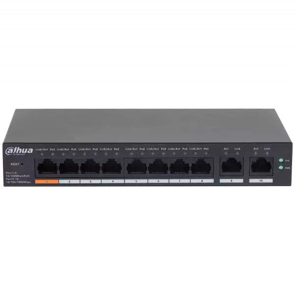 Dahua 10-Port Cloud Managed Desktop PoE Switch, 8x PoE 100 Mbps, Port 1 - 60W, Port 2-8 - 30W, total 60W, 2x uplink 1 Gbps.
