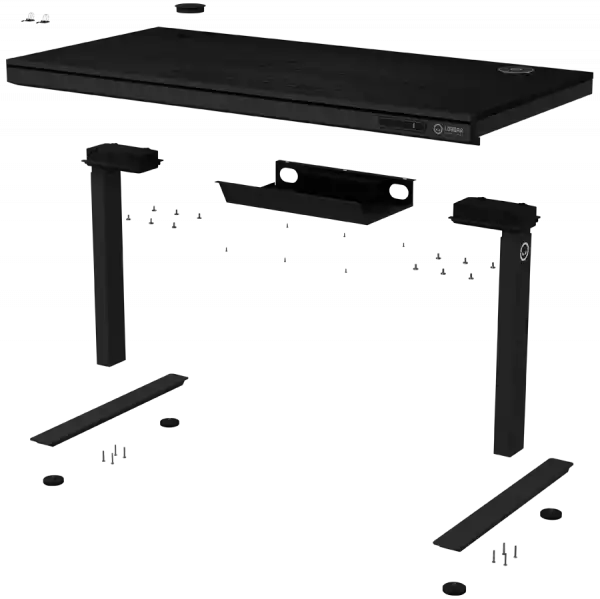 Dual-motor sit/stand adjustable-height gaming desk with wireless charger, RGB lighting, control panel, and USB ports, PB melamine surface tabletop, black.