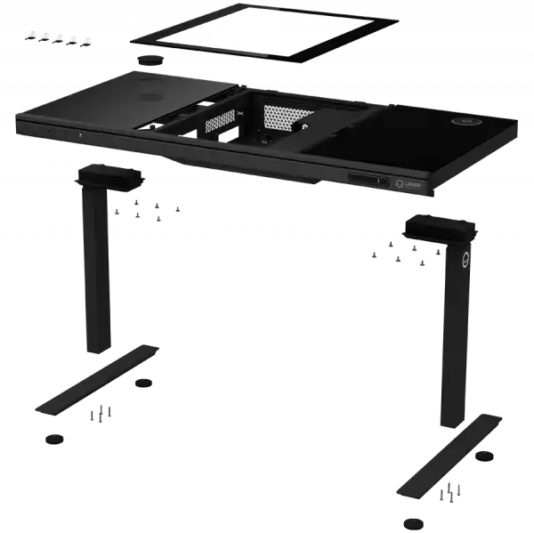 Dual-motor sit/stand adjustable-height gaming desk with built-in PC case, wireless charger, RGB lighting, control panel, and USB ports, tempered glass tabletop, black.