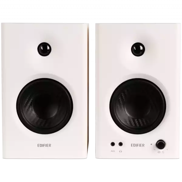 Edifier MR4 Active Studio Monitors, RCA, AUX, TRS, 1-inch Tweeters, 4-inch Woofers, 42W (RMS), Control Knob, White